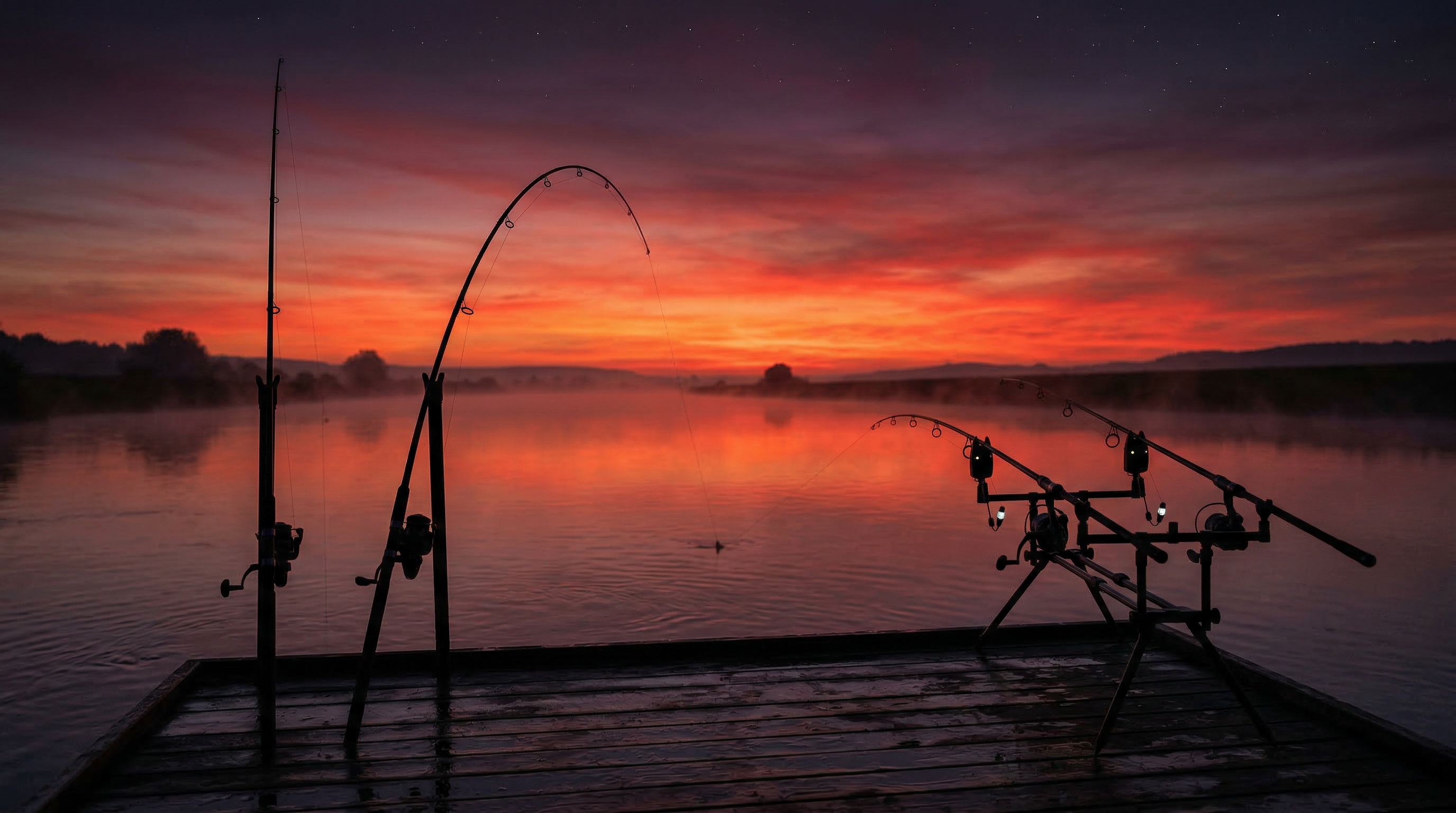 Angelruten am See bei intensivem Sonnenaufgang